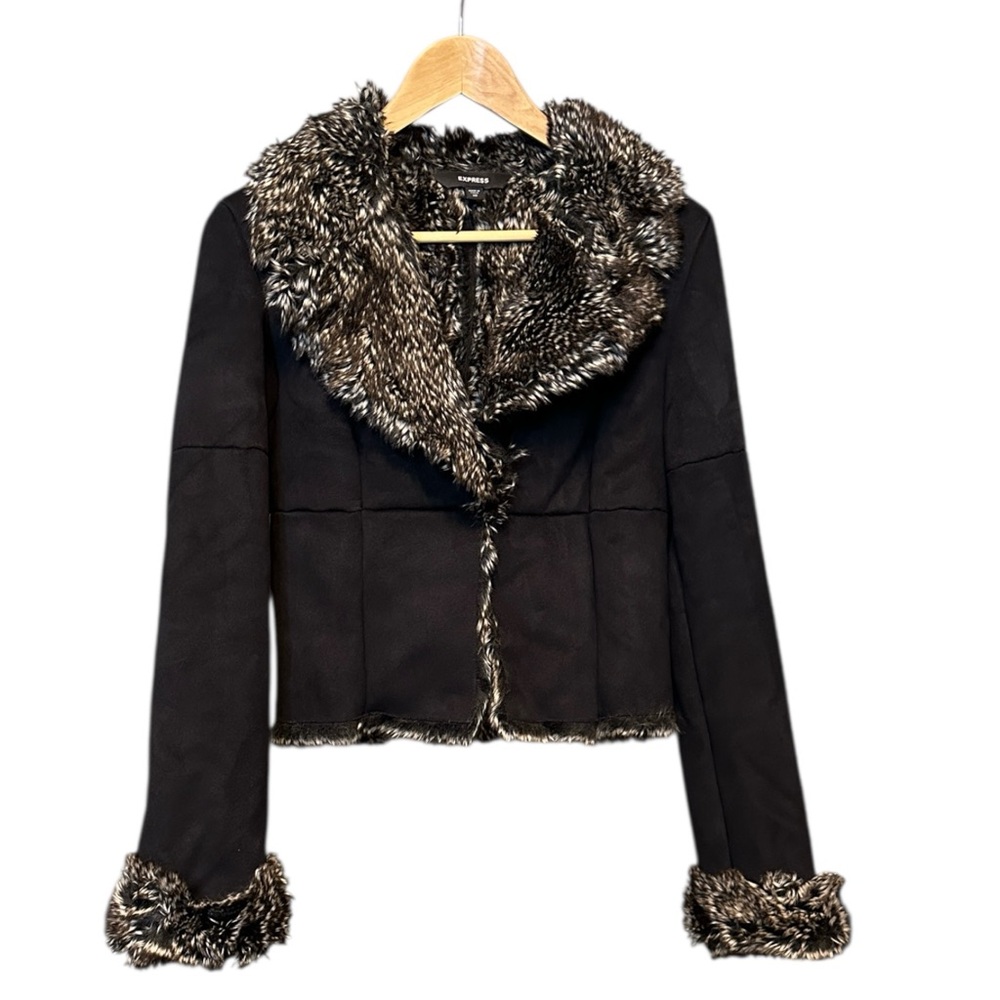 Express Cropped Faux Fur Trim Jacket – Black suede – Size 10 (low price)